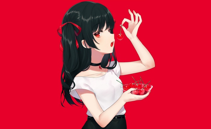 Anime girl with black pigtails eating cherries