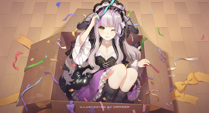 Anime girl with horns in a box with confetti