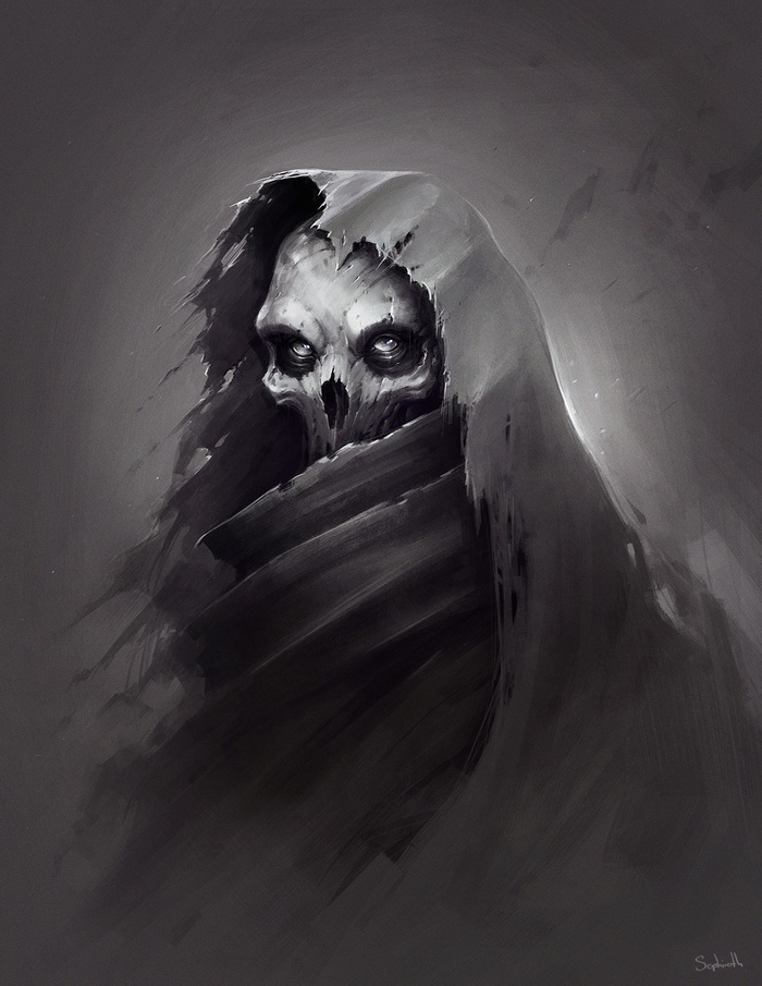 Sephiroth Art, horror, skull, drawing, monochrome, men, hood, digital art