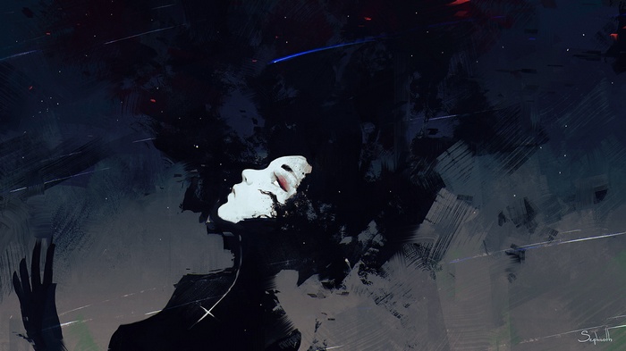 Woman with dark hair and white face looking up