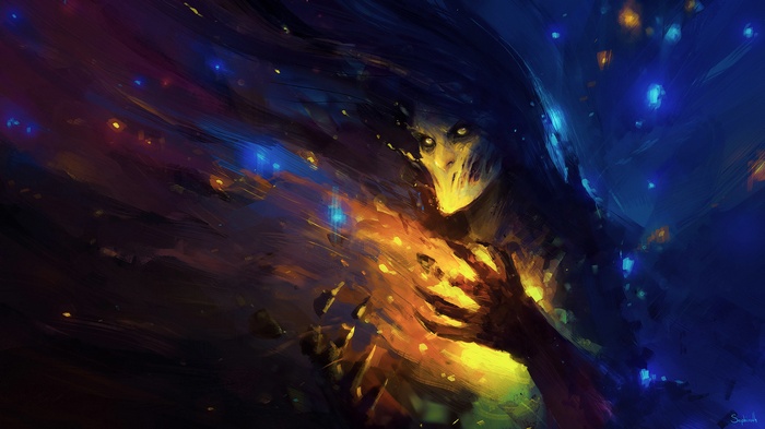 Creature with glowing hands and face, digital art