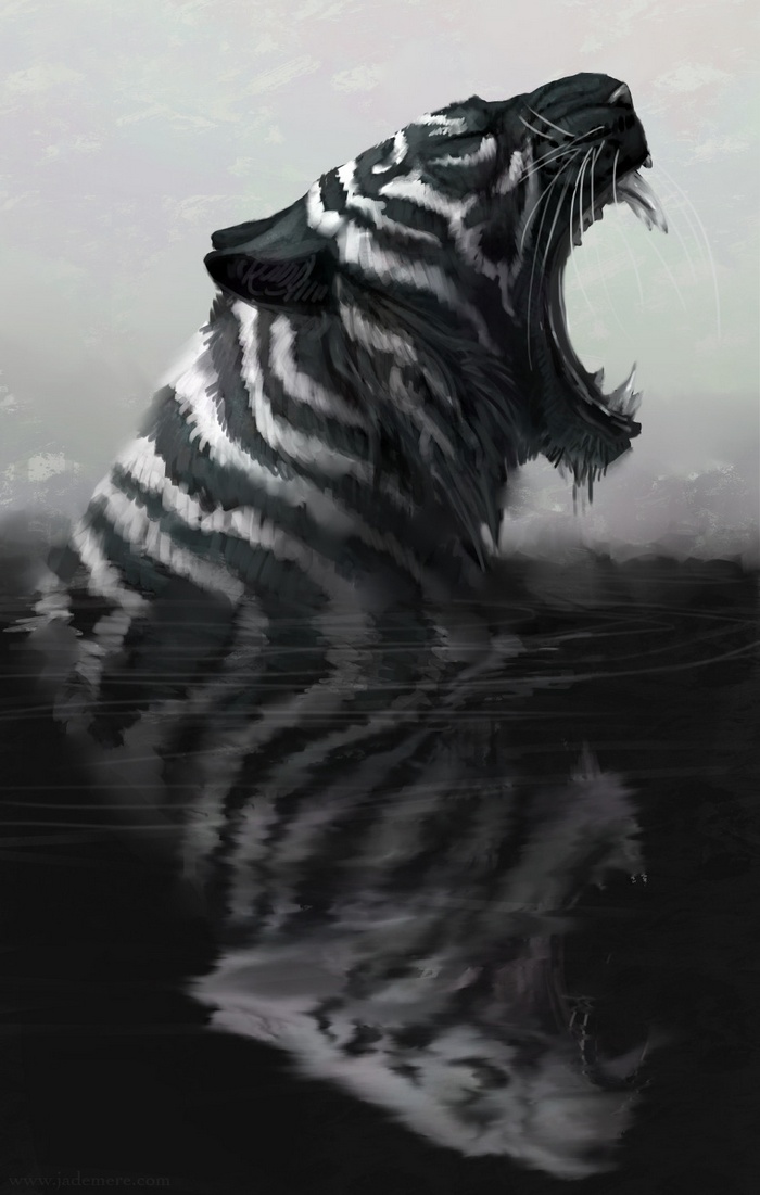 Tiger roaring in dark water with reflection