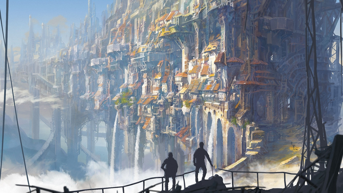 Fantasy city built on cliffs with waterfalls