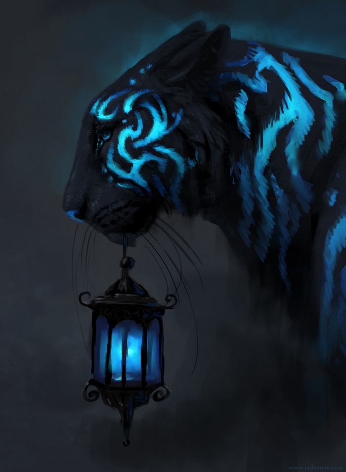 Jade Mere, tiger, lantern, neon, concept art, animals