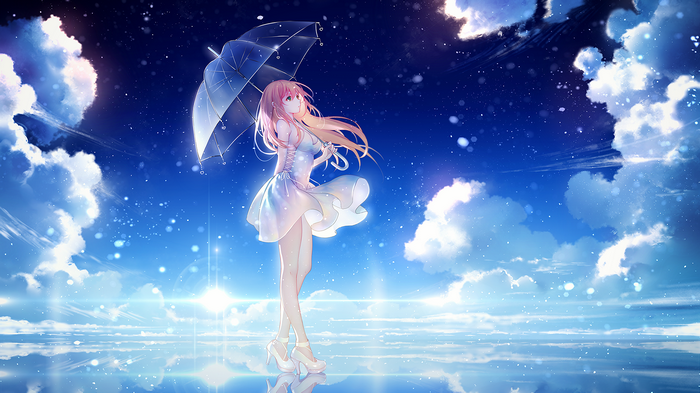 umbrella, green eyes, anime girls, anime, clouds, sky, long hair