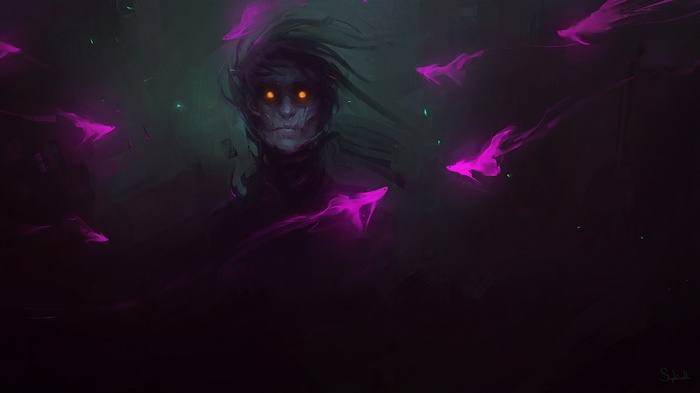 Dark figure with glowing eyes surrounded by purple energy