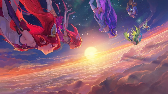 Star Guardian characters falling through the sky above clouds