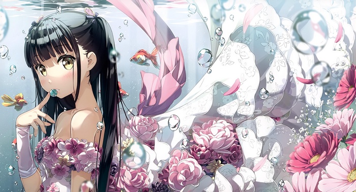 Anime girl underwater with goldfish and flowers