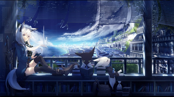 Anime girl with animal ears reading by the window