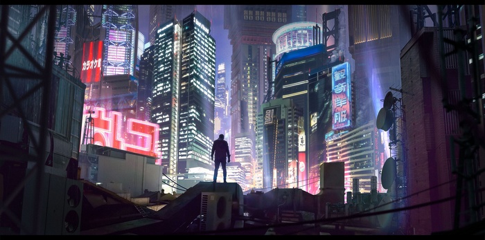 Cyberpunk city skyline with a lone figure