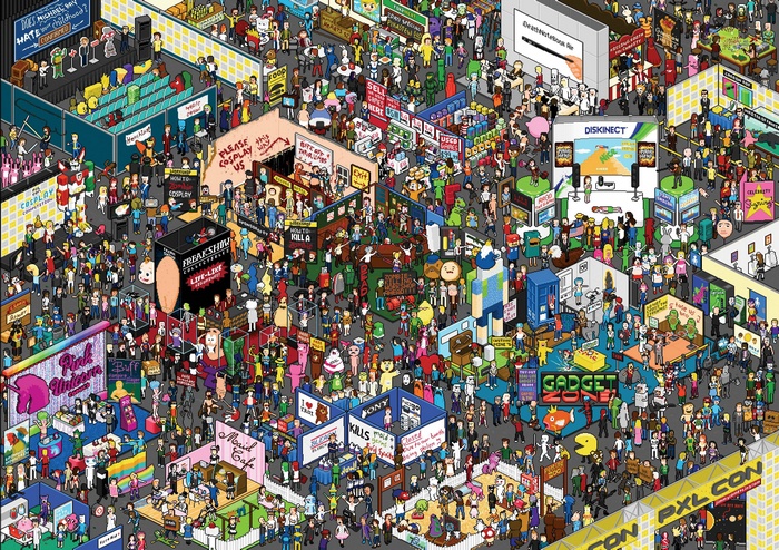 Pixel Con Convention with Cosplayers and Booths