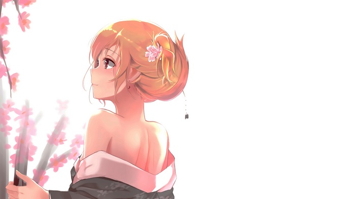 Anime girl with pink flowers and red eyes