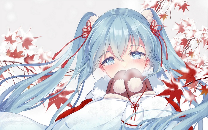 Hatsune Miku in winter with red maple leaves