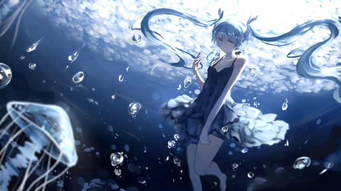 Hatsune Miku underwater with jellyfish