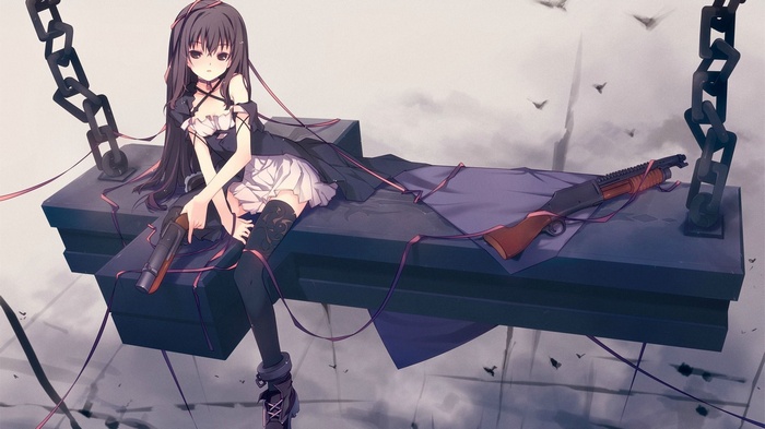 Anime girl with long black hair holding a shotgun