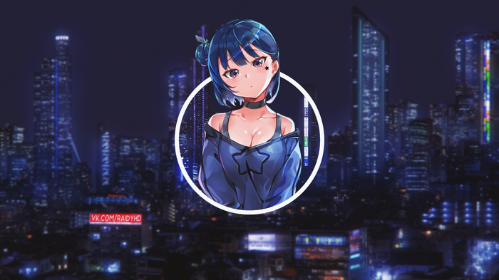 Anime girl in a circle with a city background