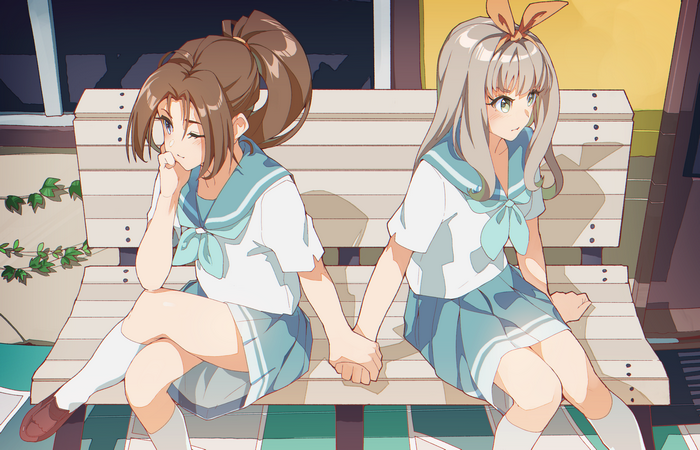 Two anime girls holding hands on a bench