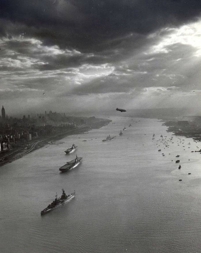 Battleships and Zeppelin over New York City, Hudson River, 1945