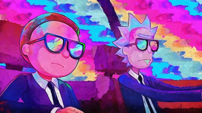 Rick and Morty, cartoon, TV, glasses, tv series, colorful, Morty Smith, Rick Sanchez, psychedelic