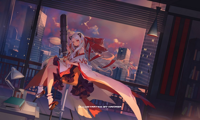 Anime girl with white hair and red accents by Hanasa
