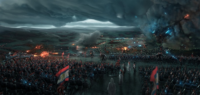 Fantasy army in battle with futuristic technology