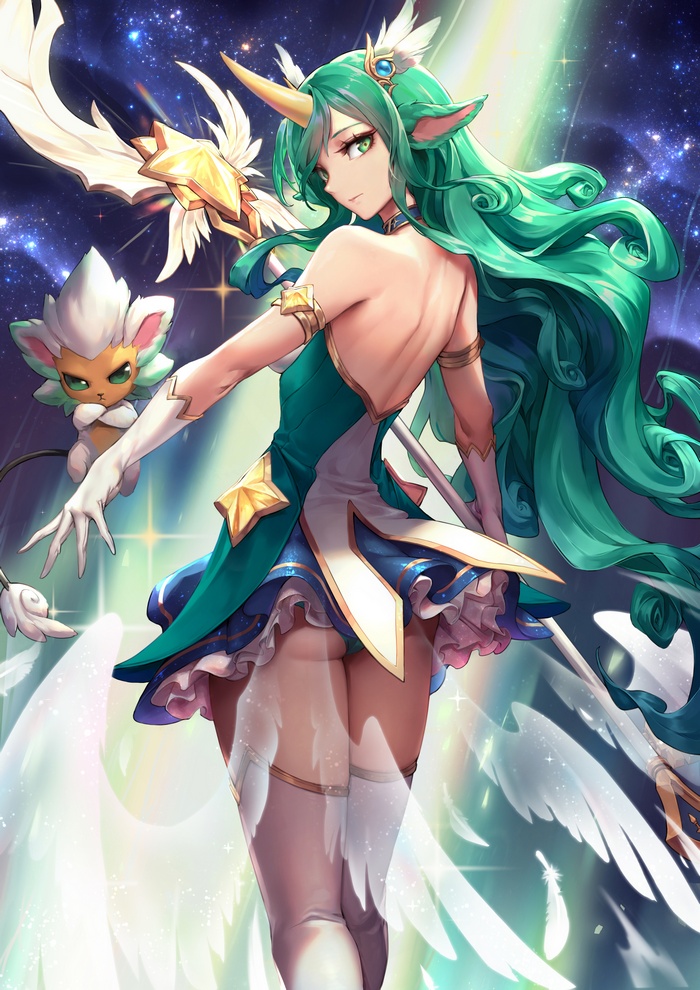 ass, horns, panties, animal ears, Oopartz Yang, long hair, League of Legends, Soraka (League of Legends), thigh-highs, weapon, see-through clothing
