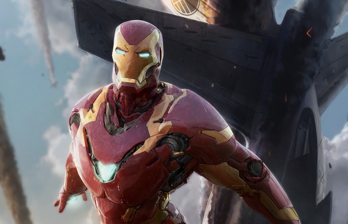 Iron Man in front of a damaged aircraft