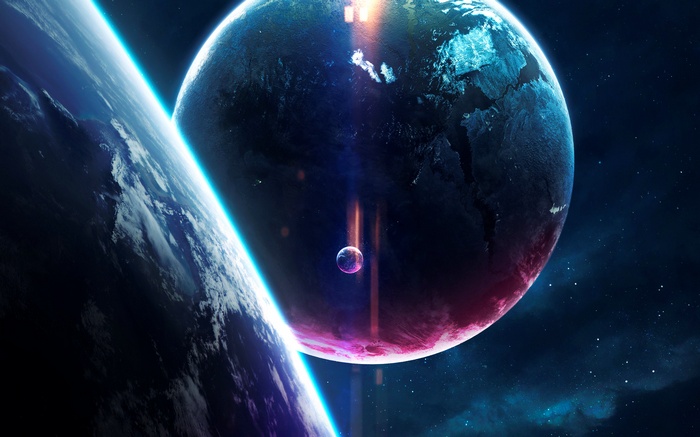 Two planets and a moon in space with stars