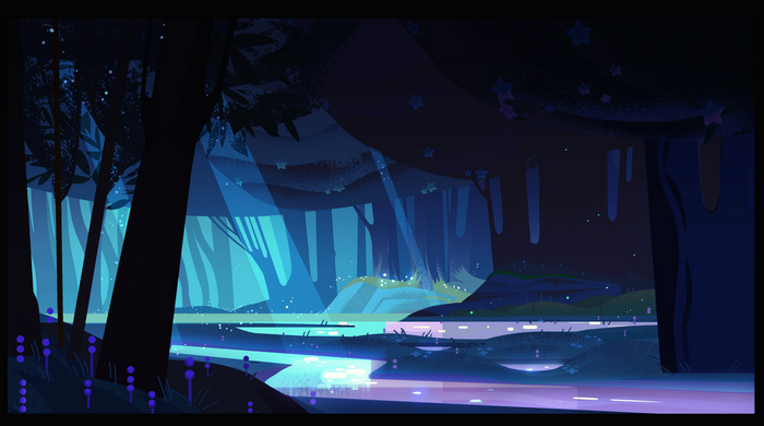 Dark forest with glowing water and stars