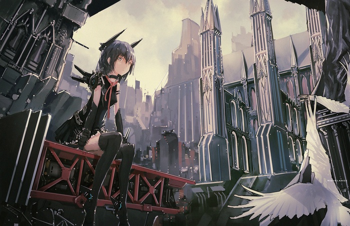 Anime girl in gothic city with birds