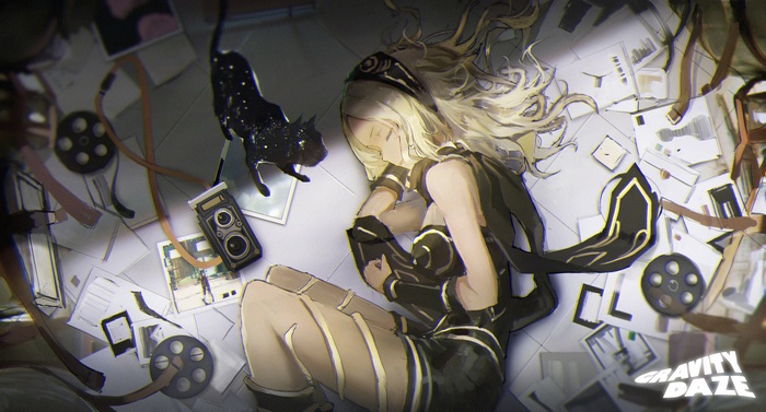 Kat from Gravity Rush sleeping with a cat