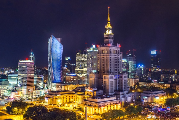 Warsaw cityscape at night with Palace of Culture and Science