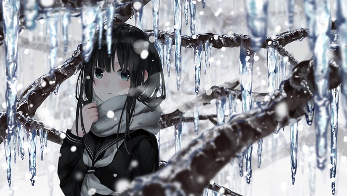 Anime girl in winter with icicles and snow