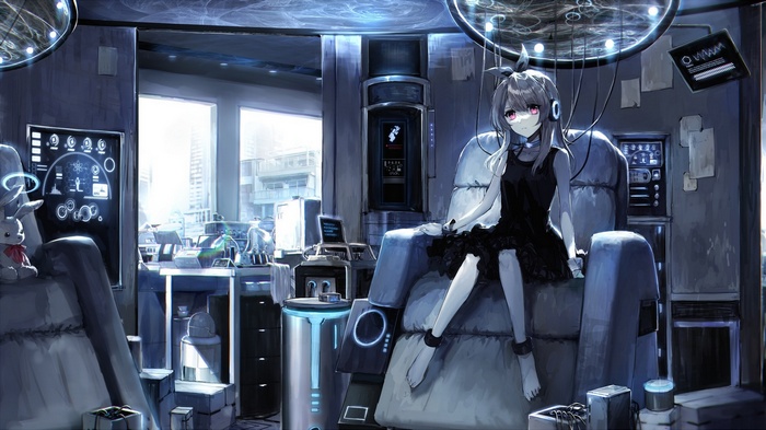 Anime girl with headphones in a futuristic lab