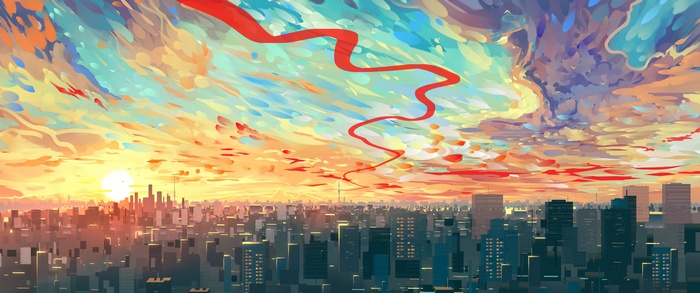 Cityscape at sunset with red ribbon in clouds