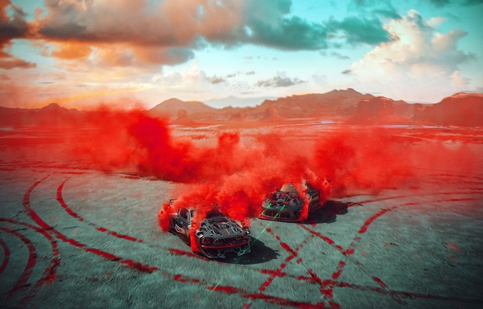 Khyzyl Saleem desert cars with red smoke