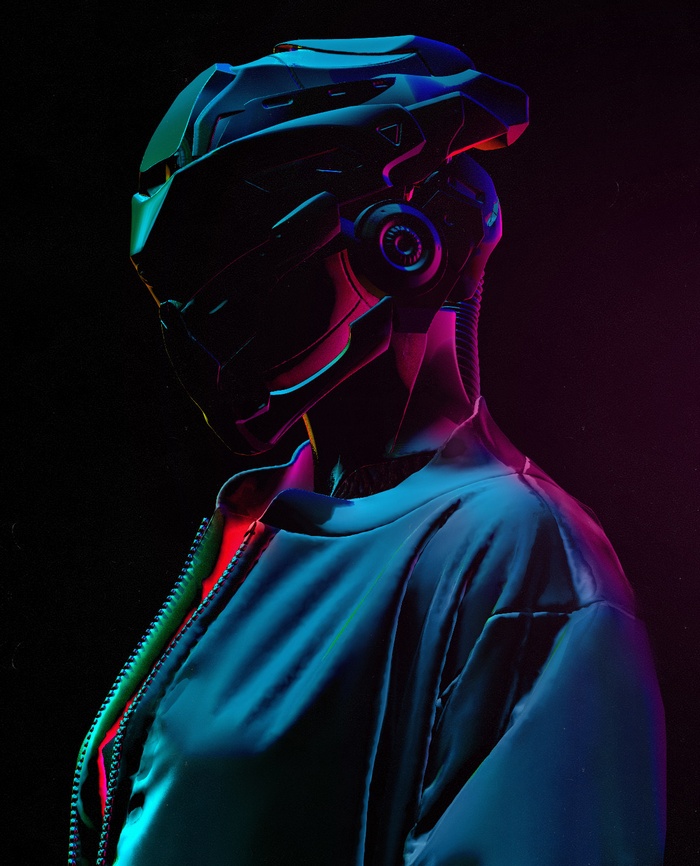 Cyberpunk woman with futuristic helmet and jacket