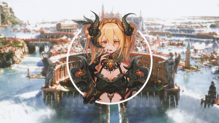 Anime girl with horns in a fantasy city