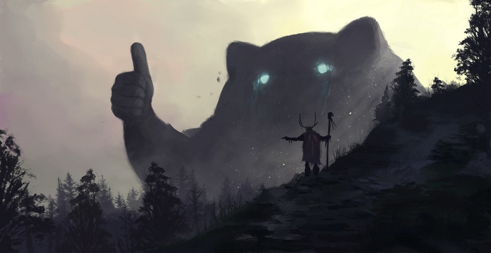 spirits, thumbs up, druids, forest, giant, mountains, mist, fantasy art