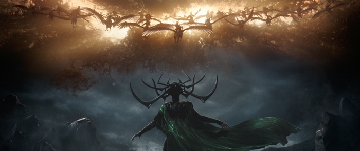 Hela from Thor: Ragnarok facing Valkyries