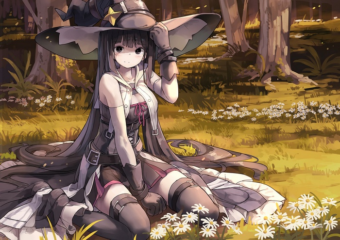 Anime girl witch in a forest with flowers