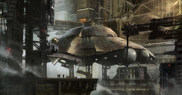 Science fiction flying saucer in industrial setting