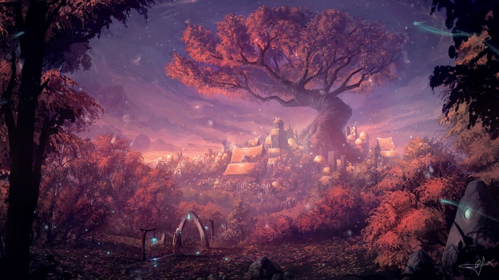 Fantasy forest with ancient tree and elven village