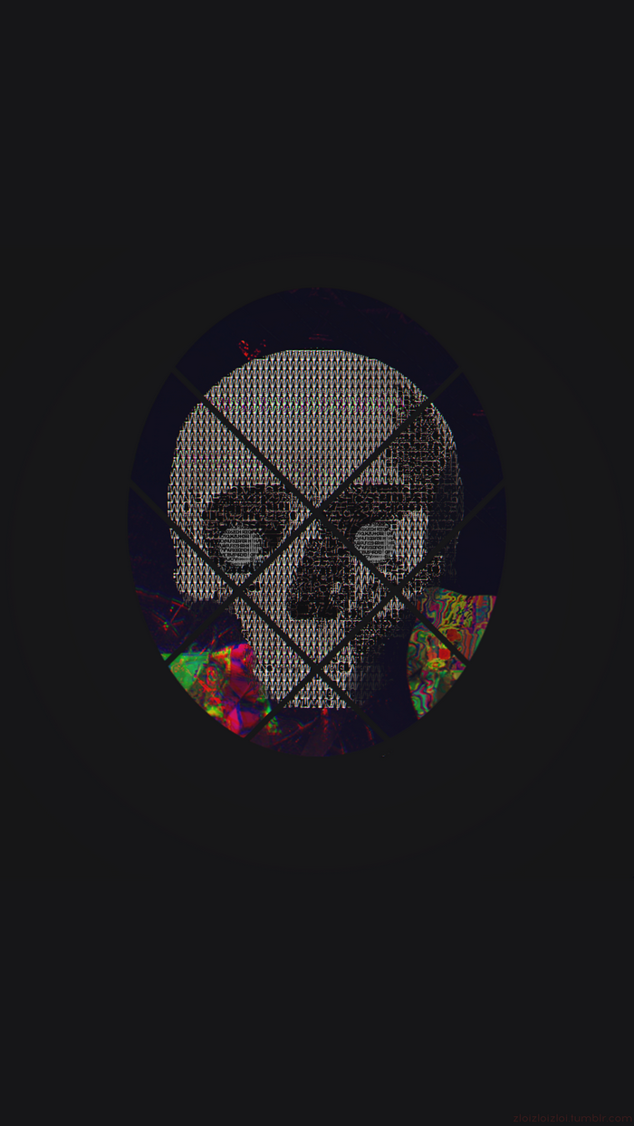 Glitch art skull made of ASCII characters