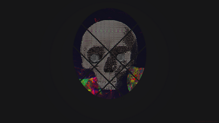 Glitch art skull made of ASCII characters