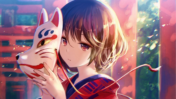 Anime girl holding a fox mask