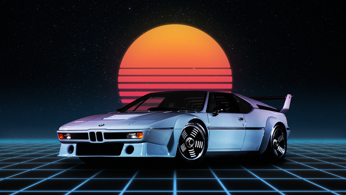 Retro BMW M1 Synthwave Sunset Grid