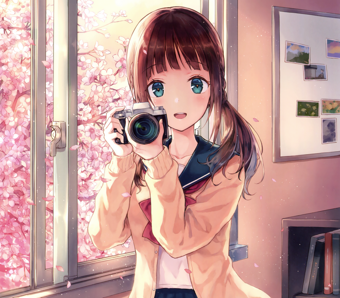 Anime girl with camera and cherry blossoms