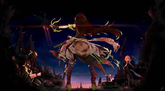 Girls Frontline characters in a dark, battle-torn landscape