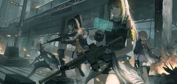 Girls' Frontline characters in a war-torn city
